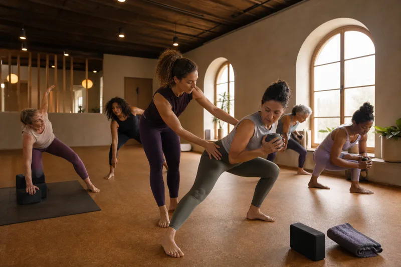 Women training with guidance in a shared movement space